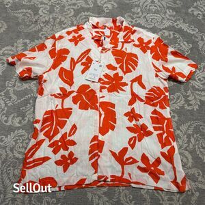Denim & Flower Men's XL Orange Floral Hawaiian Shirt Short Sleeve